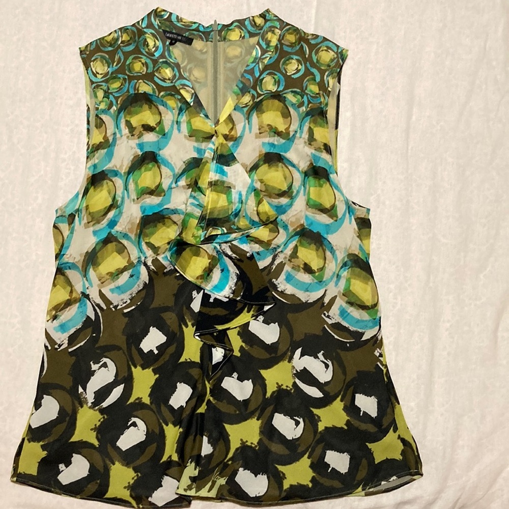Lafayette 148 New York Sleeveless Printed V-Neck Blouse in Olive, Teal, Black